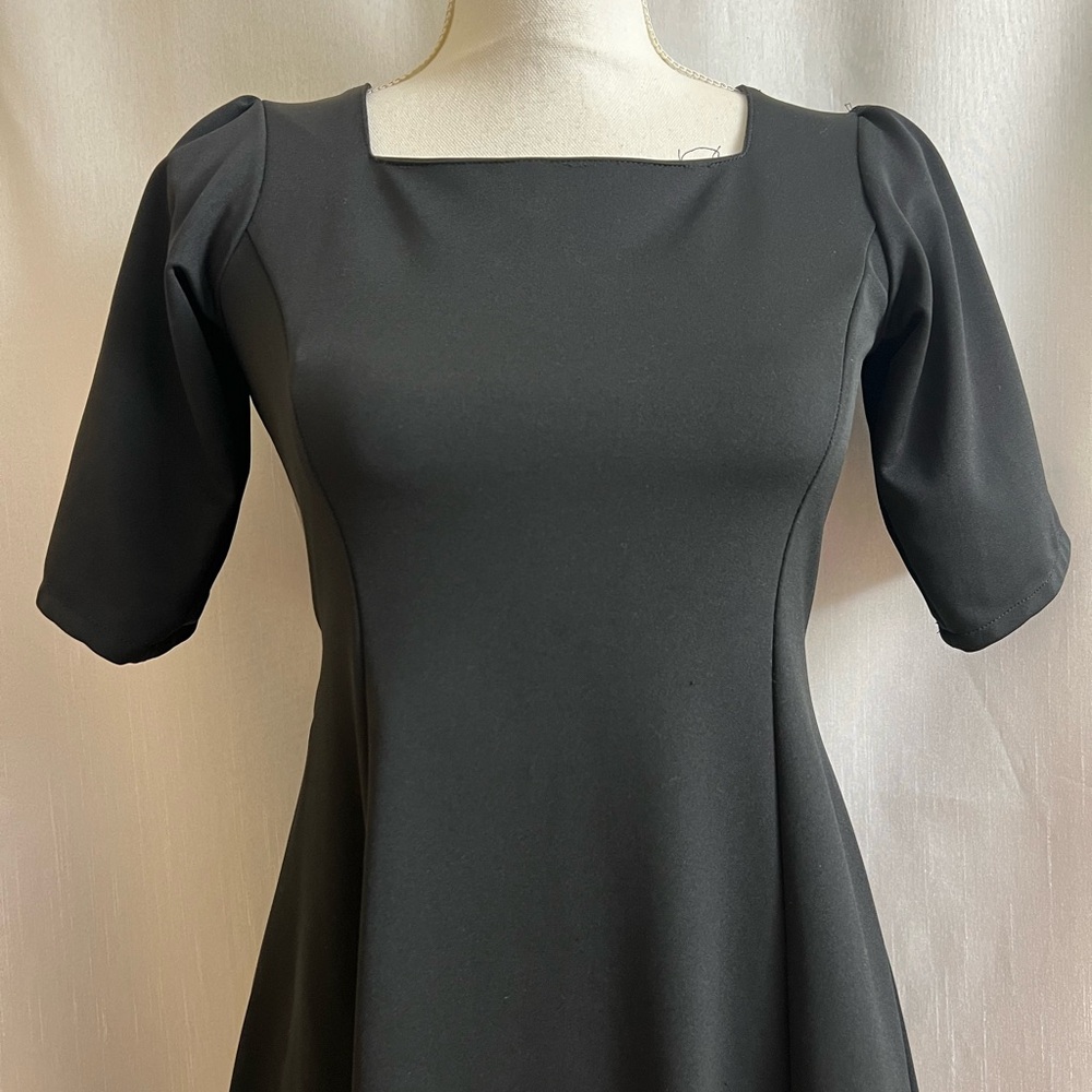 Zipper Back, Square Neck, Solid Black Dress - image 2